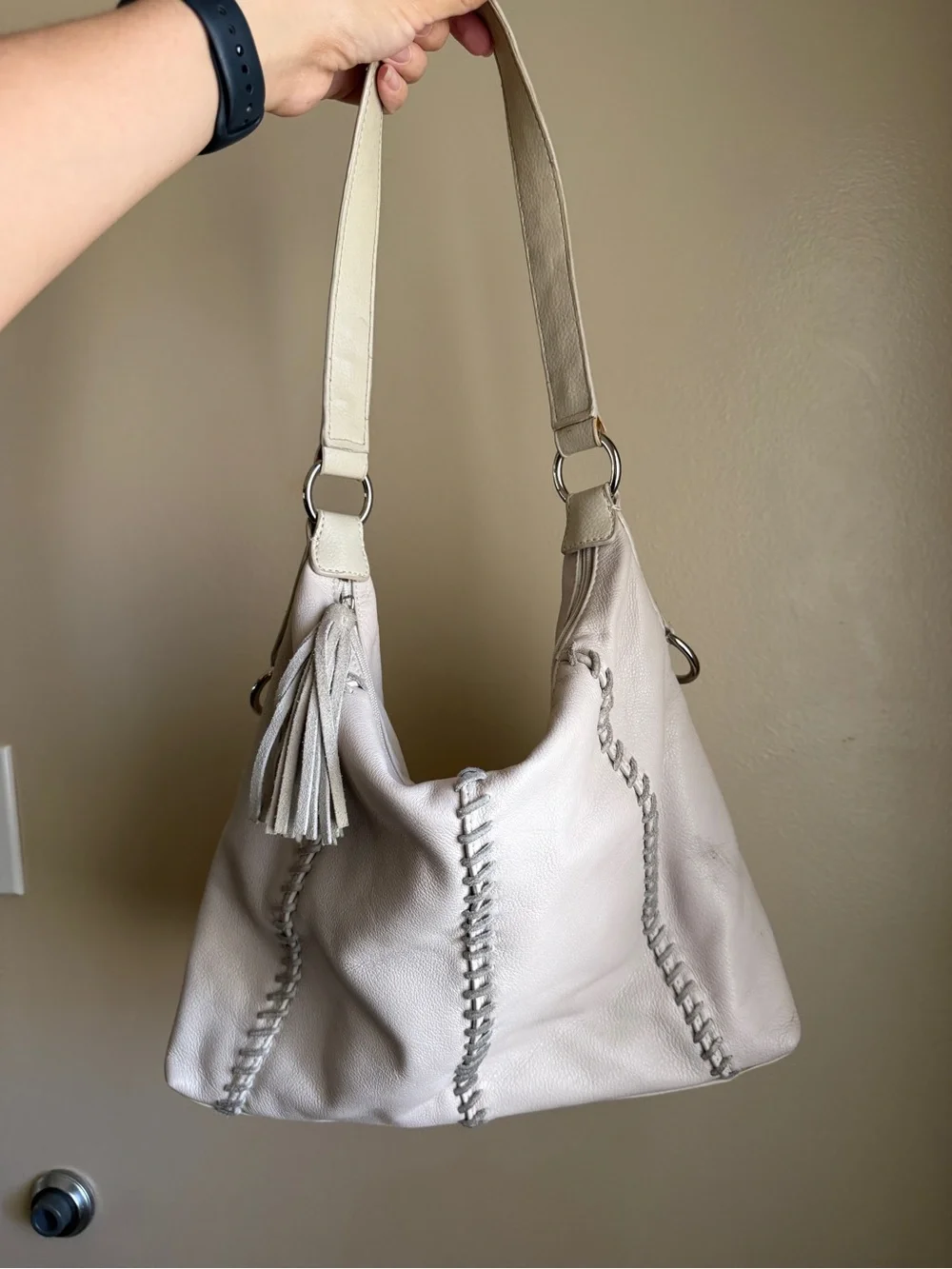 Vintage leather White Stitched Hobo Bag with Tassel